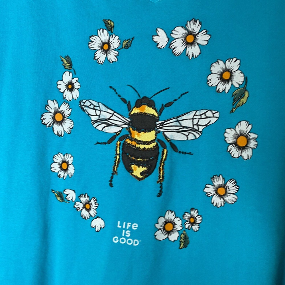 Life is Good T-Shirt Sz M Blue V-Neck Short Sleeve Floral Bee Bright Blue